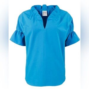 LN WOMENS SMALL MEDIUM (bust 44”) FINLEY CROSBY POPLIN SHIRT RUFFLED TURQUOISE